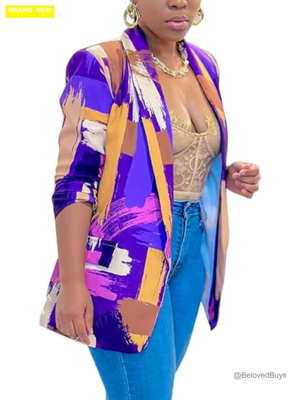 Women's Printed Blazer Jacket Long Sleeve Open Front Casual Polyester Blend